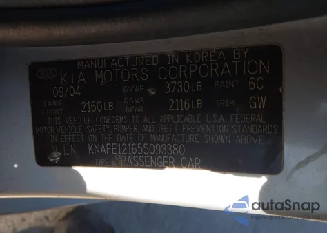 2005 Kia Spectra Ex/Lx/Sx z USA, uszkodzony, nr VIN KNAFE121655093380